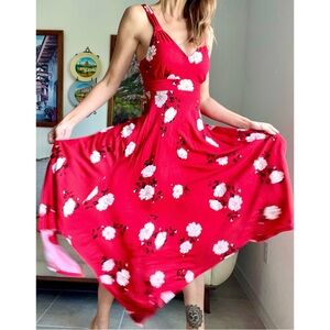American Rag Cie Red Tank Maxi Dress White Roses Padded Bra Insert Women’s Small